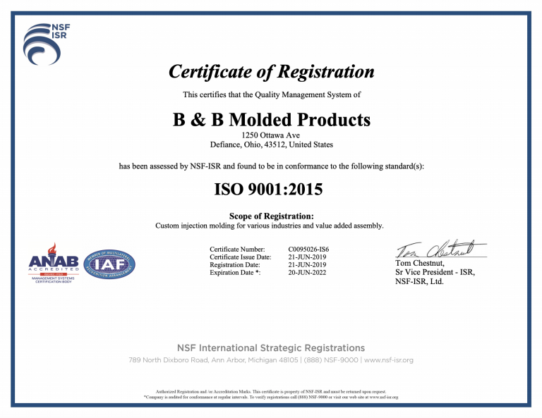 ISO 9001:2015 Registration - B And B Molded Products